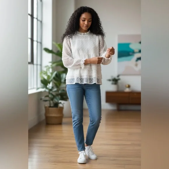 Express Women’s Sheer Dot Ruffle Blouse, Size Small Petite (SP) - Picture 2 of 16